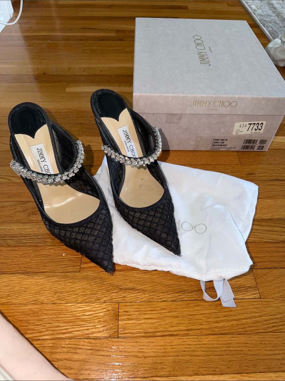 Jimmy Choo Black sparkle Pointed-Toe Mesh Slingback with Crystal Strap in 40